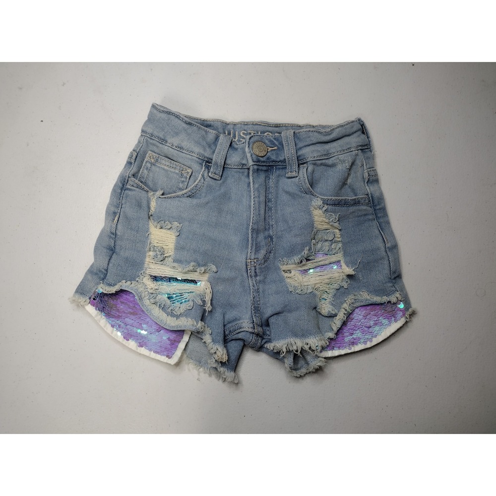 Justice Girls Light Wash Distressed Flip Sequin Denim Shorts Size 8